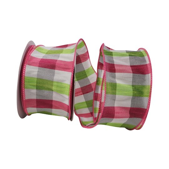 JAM Paper 2.5" x 10yd. Fuchsia & Lime Check Wired Dupioni Ribbon